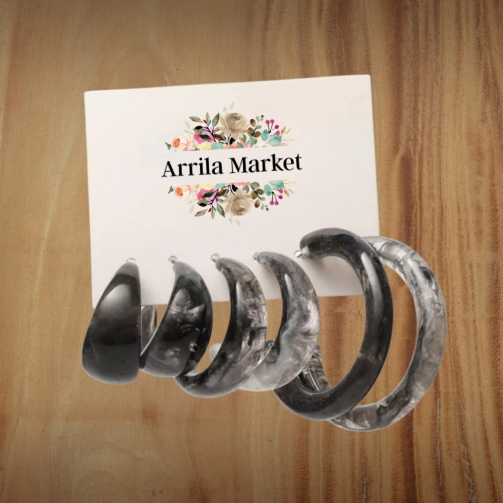 Cloudy Resin Hoop Earring Set - Black